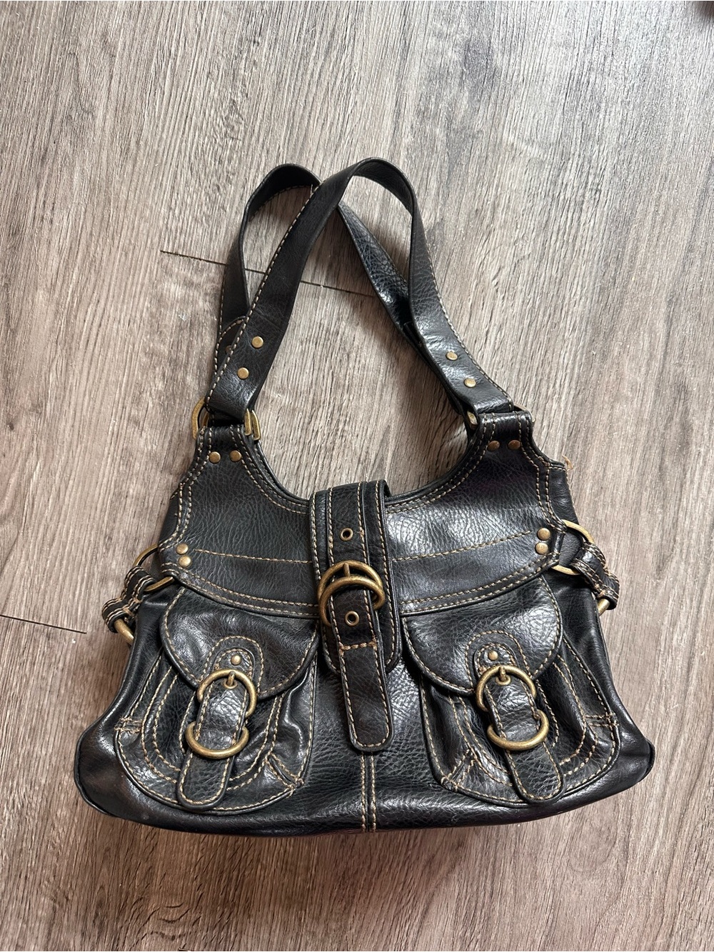 Aldo Black Leather Shoulder Bag with Brass Accents